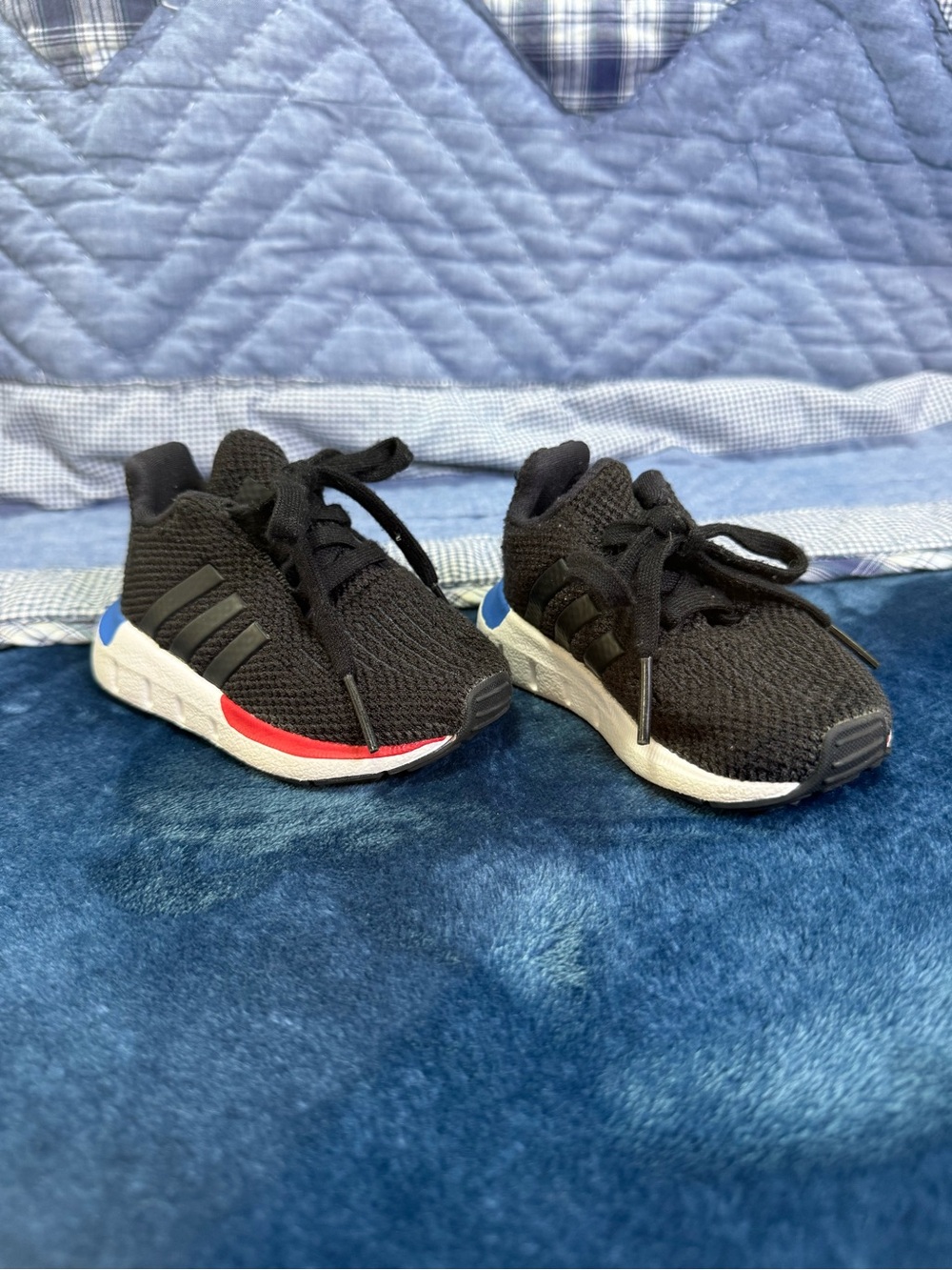 adidas Black Knit Kids Sneakers with Red & Blue Accents